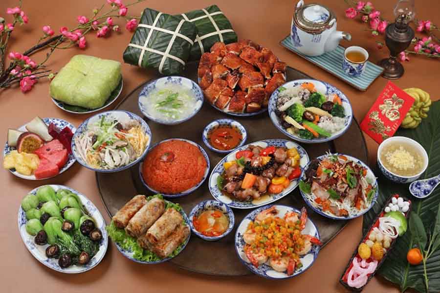 Traditional Vietnamese table with xoi for Tet festival